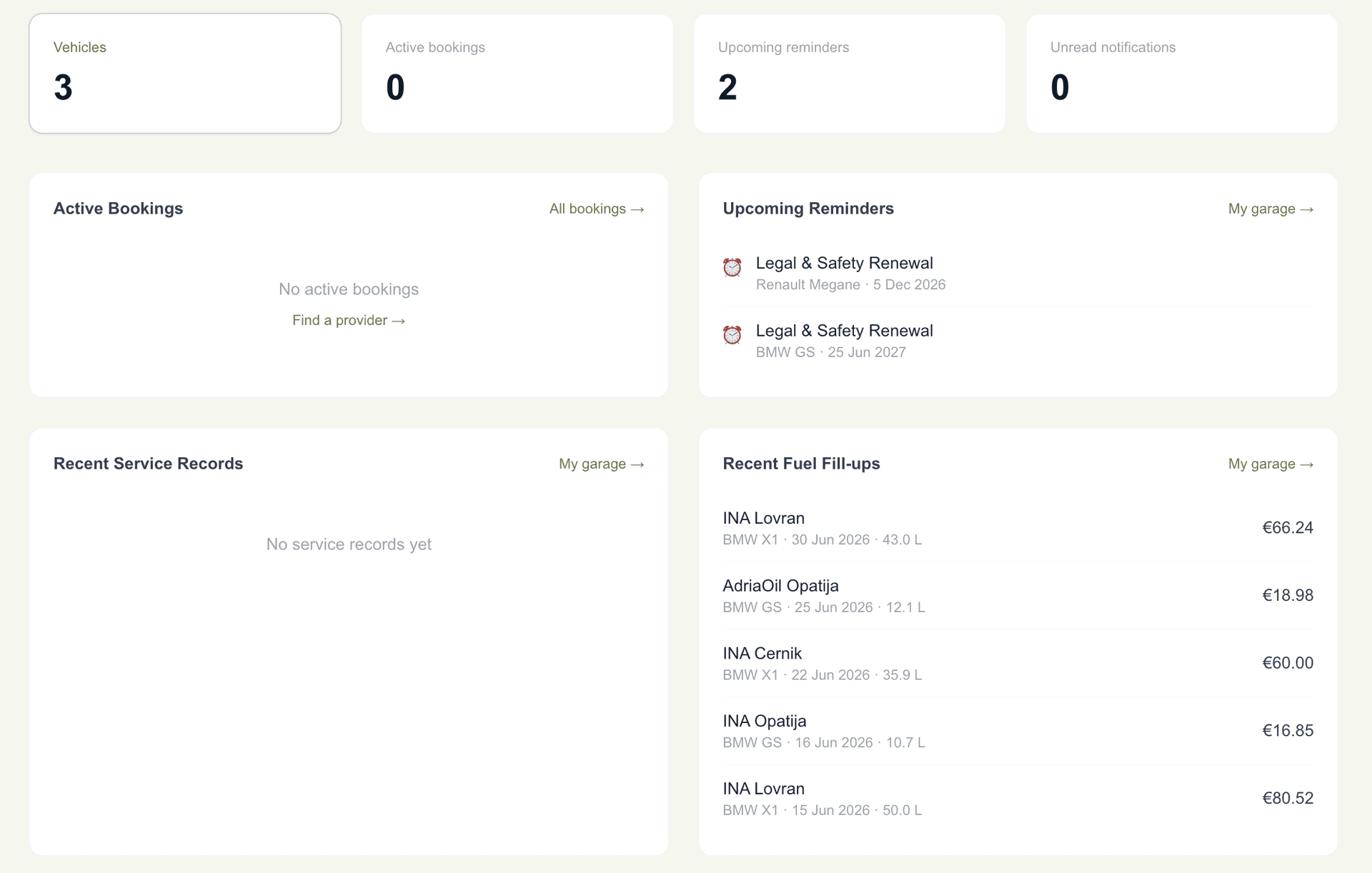 VGM dashboard showing vehicles, reminders, and recent fuel fill-ups