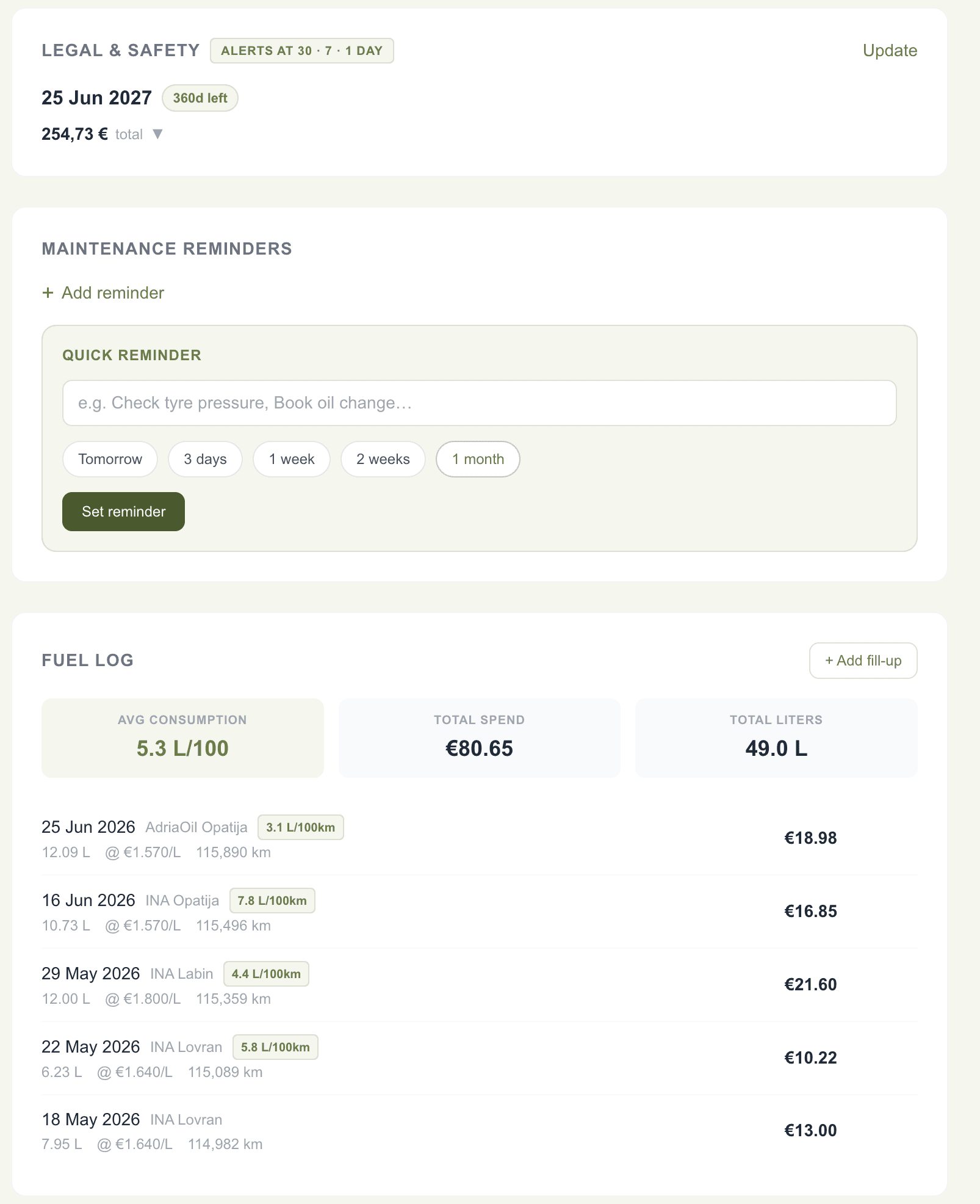 VGM vehicle page showing Legal & Safety renewal card and fuel log entries